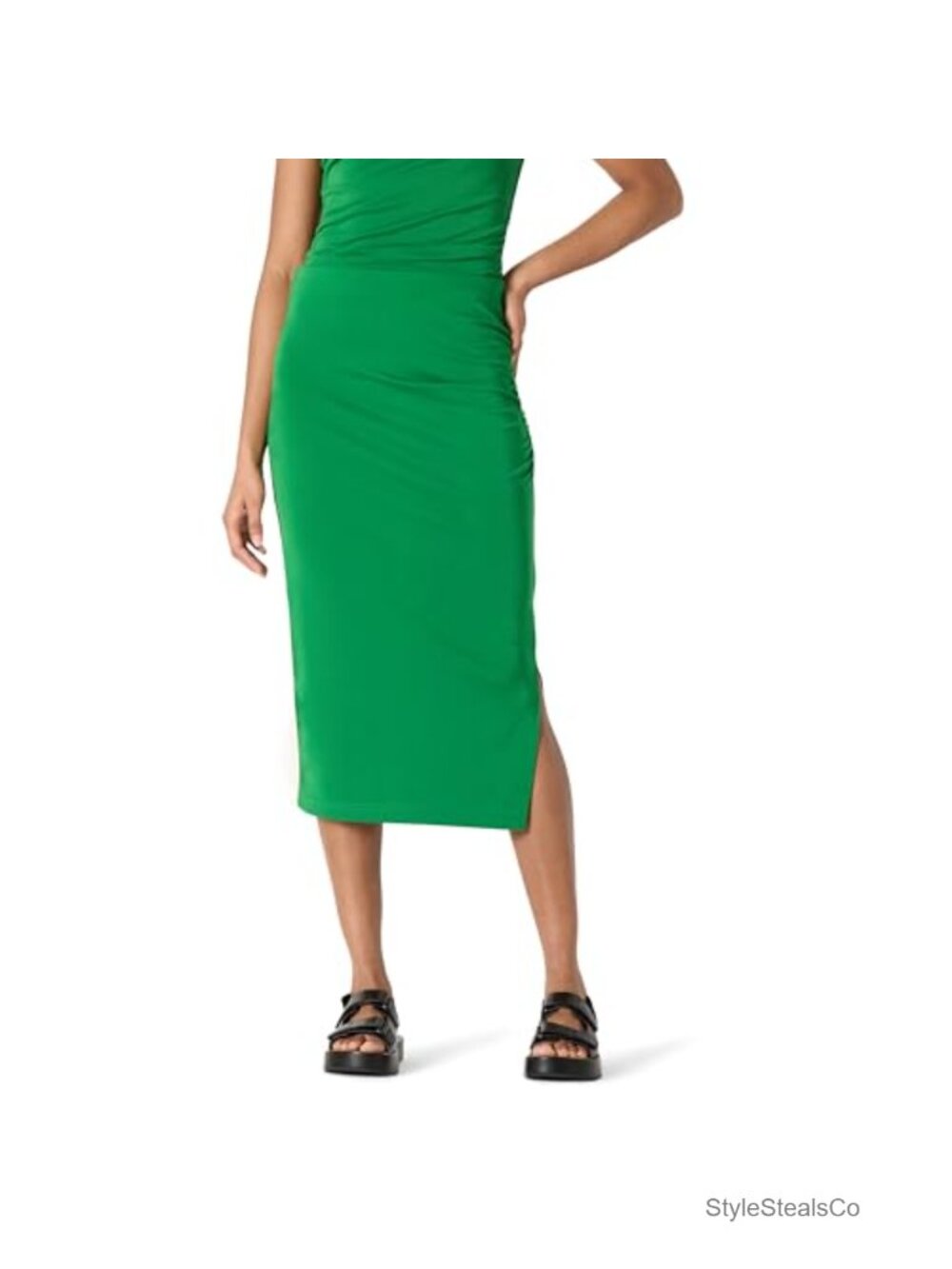 Slim Fit Ruched Matte Jersey Midi Skirt Side Slit Pull On